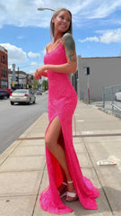 Hot Pink Sequin Mermaid Prom Dress, Lace Up Back Evening Dresses,AST1628 Hot Pink Sequin Mermaid Prom Dress, Lace Up Back Evening Dresses,AST1628