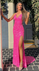 Hot Pink Sequin Prom Dress, Mermaid Split Evening Gown,AST1640 Hot Pink Sequin Prom Dress, Mermaid Split Evening Gown,AST1640