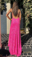 Hot Pink Sequin Prom Dress, Mermaid Split Evening Gown,AST1640 Hot Pink Sequin Prom Dress, Mermaid Split Evening Gown,AST1640