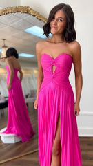 Hot Pink Sweetheart Keyhole Chiffon Pleated Long Prom Dress,AST1619 Hot Pink Sweetheart Keyhole Chiffon Pleated Long Prom Dress,AST1619