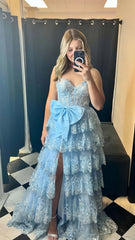 Hot Sale Tiered Lace Ruffles Long Prom Dresses, Slit Evening Dress With Bowknot, AST1578 Hot Sale Tiered Lace Ruffles Long Prom Dresses, Slit Evening Dress With Bowknot, AST1578
