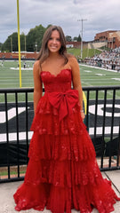 Hot Sale Tiered Lace Ruffles Long Prom Dresses, Slit Evening Dress With Bowknot, AST1578 Hot Sale Tiered Lace Ruffles Long Prom Dresses, Slit Evening Dress With Bowknot, AST1578