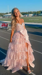 Hot Sale Tiered Lace Ruffles Long Prom Dresses, Slit Evening Dress With Bowknot, AST1578 Hot Sale Tiered Lace Ruffles Long Prom Dresses, Slit Evening Dress With Bowknot, AST1578