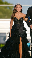 Hot Sale Tiered Lace Ruffles Long Prom Dresses, Slit Evening Dress With Bowknot, AST1578 Hot Sale Tiered Lace Ruffles Long Prom Dresses, Slit Evening Dress With Bowknot, AST1578