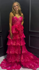 Hot Sale Tiered Lace Ruffles Long Prom Dresses, Slit Evening Dress With Bowknot, AST1578 Hot Sale Tiered Lace Ruffles Long Prom Dresses, Slit Evening Dress With Bowknot, AST1578