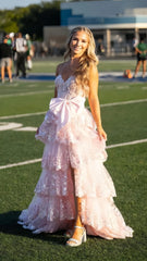 Hot Sale Tiered Lace Ruffles Long Prom Dresses, Slit Evening Dress With Bowknot, AST1578 Hot Sale Tiered Lace Ruffles Long Prom Dresses, Slit Evening Dress With Bowknot, AST1578