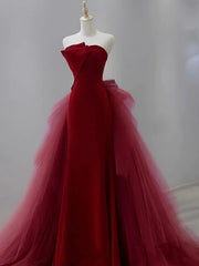 Burgundy Strapless Mermaid Tulle Formal Prom Dress Off Shoulder Floor Length Charming Evening Dress Wholesale Burgundy Strapless Mermaid Tulle Formal Prom Dress Off Shoulder Floor Length Charming Evening Dress Wholesale