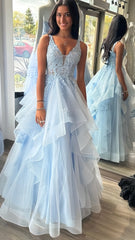 Light Blue Applique Senior Prom Dress, V-neck Formal Dresses, AST1597 Light Blue Applique Senior Prom Dress, V-neck Formal Dresses, AST1597