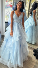 Light Blue Applique Senior Prom Dress, V-neck Formal Dresses, AST1597 Light Blue Applique Senior Prom Dress, V-neck Formal Dresses, AST1597