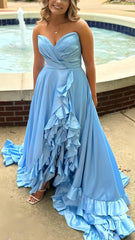 Light Blue Sweetheart Ruffle Prom Dresses With Split, AST1563 Light Blue Sweetheart Ruffle Prom Dresses With Split, AST1563