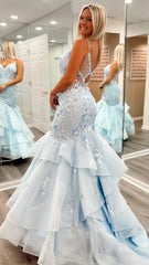 Light Blue Tiered Ruffle Senior Prom Dresses Classy Elegant Mermaid Dress, AST1591 Light Blue Tiered Ruffle Senior Prom Dresses Classy Elegant Mermaid Dress, AST1591