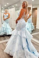 Light Blue Tiered Ruffle Senior Prom Dresses Classy Elegant Mermaid Dress, AST1591 Light Blue Tiered Ruffle Senior Prom Dresses Classy Elegant Mermaid Dress, AST1591