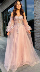 Light Pink A-Line Prom Dresses, Appliques Party Dress With Bubble Sleeves,AST1634 Light Pink A-Line Prom Dresses, Appliques Party Dress With Bubble Sleeves,AST1634