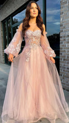 Light Pink A-Line Prom Dresses, Appliques Party Dress With Bubble Sleeves,AST1634 Light Pink A-Line Prom Dresses, Appliques Party Dress With Bubble Sleeves,AST1634