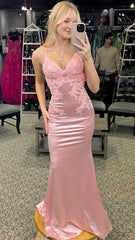 Light Pink Mermaid Open Back Long Prom Dress With Appliques, AST1492 Light Pink Mermaid Open Back Long Prom Dress With Appliques, AST1492
