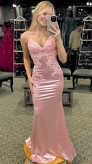 Light Pink Mermaid Open Back Long Prom Dress With Appliques, AST1492 Light Pink Mermaid Open Back Long Prom Dress With Appliques, AST1492