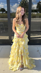 Light Yellow Floral Slit Prom Dresses With Ruffles Skirt, AST1498 Light Yellow Floral Slit Prom Dresses With Ruffles Skirt, AST1498