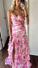 Light Yellow Floral Slit Prom Dresses With Ruffles Skirt, AST1498 Light Yellow Floral Slit Prom Dresses With Ruffles Skirt, AST1498