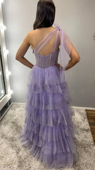 Lilac One Shoulder Ruffle Long Prom Dresses, AST1596 Lilac One Shoulder Ruffle Long Prom Dresses, AST1596