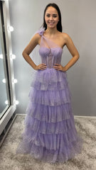 Lilac One Shoulder Ruffle Long Prom Dresses, AST1596 Lilac One Shoulder Ruffle Long Prom Dresses, AST1596