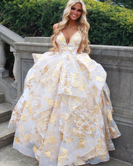 Luxury Gold Floral Ruffle Evening Prom Dress, AST1588 Luxury Gold Floral Ruffle Evening Prom Dress, AST1588