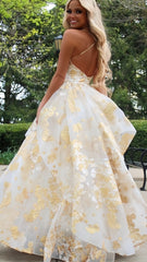 Luxury Gold Floral Ruffle Evening Prom Dress, AST1588 Luxury Gold Floral Ruffle Evening Prom Dress, AST1588