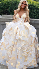 Luxury Gold Floral Ruffle Evening Prom Dress, AST1588 Luxury Gold Floral Ruffle Evening Prom Dress, AST1588