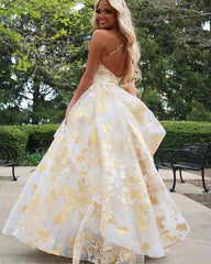 Luxury Gold Floral Ruffle Evening Prom Dress, AST1588 Luxury Gold Floral Ruffle Evening Prom Dress, AST1588