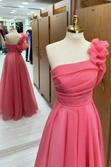 Pink One-Shoulder Ruffle Long Prom Dress,AST1253 Pink One-Shoulder Ruffle Long Prom Dress,AST1253