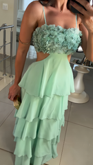 Ming Green Floral Chiffon Prom Dress, Ruffle Long Evening Dress, AST1599 Ming Green Floral Chiffon Prom Dress, Ruffle Long Evening Dress, AST1599