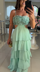 Ming Green Floral Chiffon Prom Dress, Ruffle Long Evening Dress, AST1599 Ming Green Floral Chiffon Prom Dress, Ruffle Long Evening Dress, AST1599