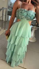 Ming Green Floral Chiffon Prom Dress, Ruffle Long Evening Dress, AST1599 Ming Green Floral Chiffon Prom Dress, Ruffle Long Evening Dress, AST1599