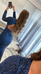 Navy Blue Sequin V-Neck Long Prom Dress With High Split,AST1644 Navy Blue Sequin V-Neck Long Prom Dress With High Split,AST1644