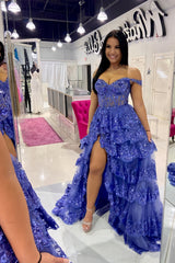 Off The Shoulder Blue Lace Evening Prom Dresses Ruffle Ball Gown, AST1467 Off The Shoulder Blue Lace Evening Prom Dresses Ruffle Ball Gown, AST1467
