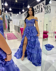 Off The Shoulder Blue Lace Evening Prom Dresses Ruffle Ball Gown, AST1467 Off The Shoulder Blue Lace Evening Prom Dresses Ruffle Ball Gown, AST1467