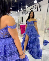 Off The Shoulder Blue Lace Evening Prom Dresses Ruffle Ball Gown, AST1467 Off The Shoulder Blue Lace Evening Prom Dresses Ruffle Ball Gown, AST1467