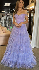 Off The Shoulder Lilac Sequin Tiered Senior Prom Dress, AST1590 Off The Shoulder Lilac Sequin Tiered Senior Prom Dress, AST1590