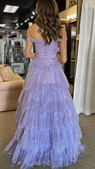 Off The Shoulder Lilac Sequin Tiered Senior Prom Dress, AST1590 Off The Shoulder Lilac Sequin Tiered Senior Prom Dress, AST1590