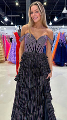 Off The Shoulder Sequin Evening Dress, Ruffles Formal Prom Gown, AST1547 Off The Shoulder Sequin Evening Dress, Ruffles Formal Prom Gown, AST1547