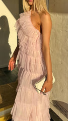 One Shoulder Pink Tulle Ruffle Graduation Dress, Long Senior Prom Dresses 2025,AST1601 One Shoulder Pink Tulle Ruffle Graduation Dress, Long Senior Prom Dresses 2025,AST1601