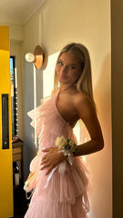 One Shoulder Pink Tulle Ruffle Graduation Dress, Long Senior Prom Dresses 2025,AST1601 One Shoulder Pink Tulle Ruffle Graduation Dress, Long Senior Prom Dresses 2025,AST1601