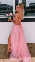 Pink A-Line Lace Up Prom Dresses With Split, AST1584 Pink A-Line Lace Up Prom Dresses With Split, AST1584