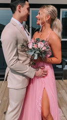 Pink A-Line Lace Up Prom Dresses With Split, AST1584 Pink A-Line Lace Up Prom Dresses With Split, AST1584