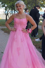 Pink A-Line Lace Up Prom Dresses With Split, AST1584 Pink A-Line Lace Up Prom Dresses With Split, AST1584