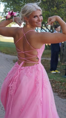Pink A-Line Lace Up Prom Dresses With Split, AST1584 Pink A-Line Lace Up Prom Dresses With Split, AST1584