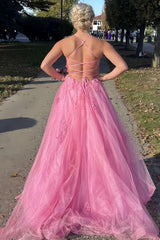 Pink A-Line Lace Up Prom Dresses With Split, AST1584 Pink A-Line Lace Up Prom Dresses With Split, AST1584