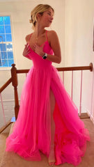 Pink A-Line Tulle Long Prom Dress,AST1608 Pink A-Line Tulle Long Prom Dress,AST1608