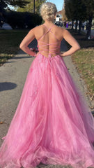 Pink Appliques Tulle Prom Evening Dress,AST1614 Pink Appliques Tulle Prom Evening Dress,AST1614