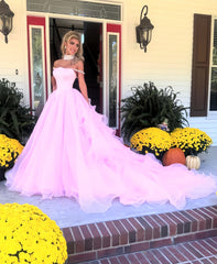 Pink Organza Senior Prom Dress With Beaded Neck&Shoulders, AST1551 Pink Organza Senior Prom Dress With Beaded Neck&Shoulders, AST1551