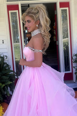 Pink Organza Senior Prom Dress With Beaded Neck&Shoulders, AST1551 Pink Organza Senior Prom Dress With Beaded Neck&Shoulders, AST1551